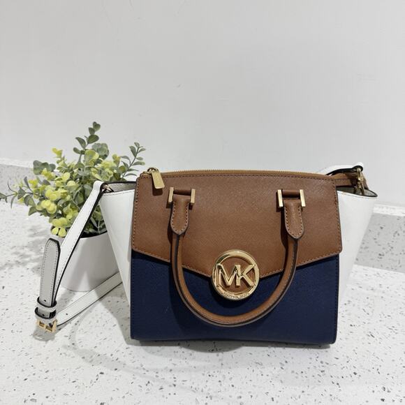 Michael Kors Hudson Medium Satchel Color Lock Navy Brown Leather DG - Picture 1 of 8